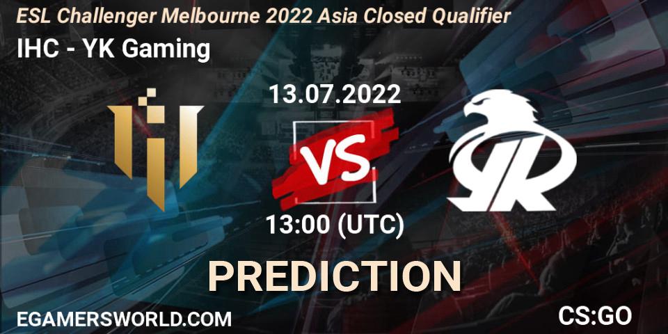 IHC contre YK Gaming : prédiction de match. 13.07.2022 at 13:00. Counter-Strike (CS2), ESL Challenger Melbourne 2022 Asia Closed Qualifier