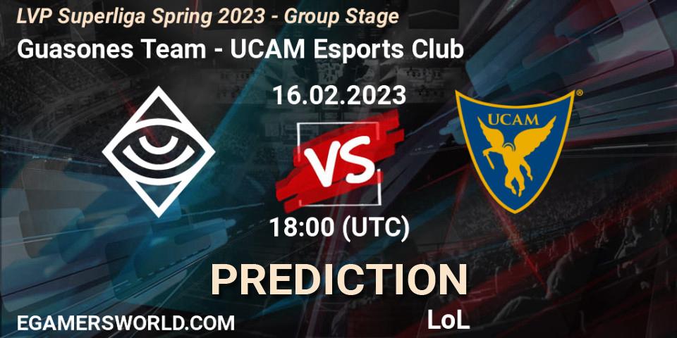 Guasones Team contre UCAM Esports Club : prédiction de match. 16.02.2023 at 17:00. LoL, LVP Superliga Spring 2023 - Group Stage