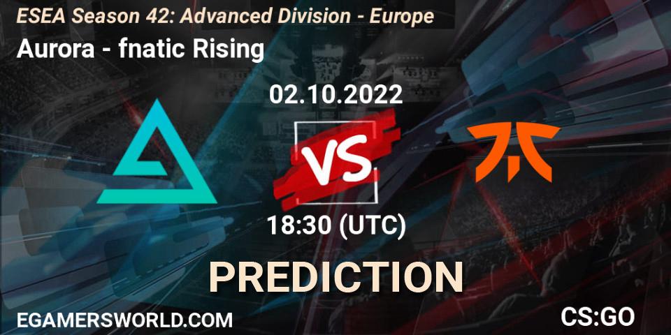 Aurora contre fnatic Rising : prédiction de match. 03.10.22. CS2 (CS:GO), ESEA Season 42: Advanced Division - Europe