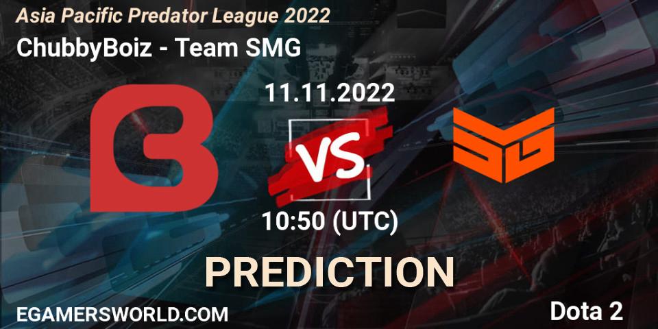 ChubbyBoiz contre Team SMG : prédiction de match. 11.11.2022 at 10:49. Dota 2, Asia Pacific Predator League 2022