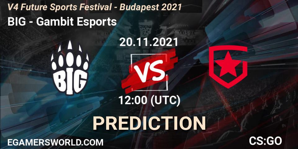 BIG contre Gambit Esports : prédiction de match. 20.11.2021 at 12:00. Counter-Strike (CS2), V4 Future Sports Festival - Budapest 2021