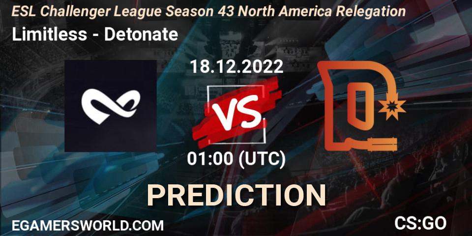Limitless contre Detonate : prédiction de match. 18.12.2022 at 01:00. Counter-Strike (CS2), ESL Challenger League Season 43 North America Relegation