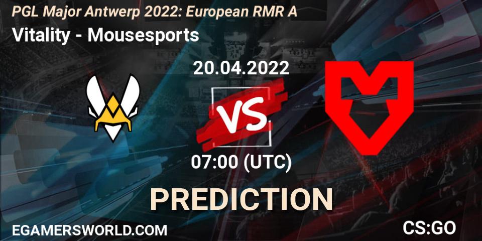 Vitality contre Mousesports : prédiction de match. 20.04.2022 at 07:00. Counter-Strike (CS2), PGL Major Antwerp 2022: European RMR A