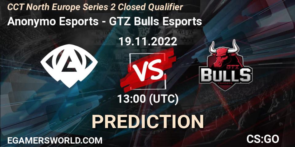 Anonymo Esports contre GTZ Bulls Esports : prédiction de match. 19.11.2022 at 13:00. Counter-Strike (CS2), CCT North Europe Series 2 Closed Qualifier