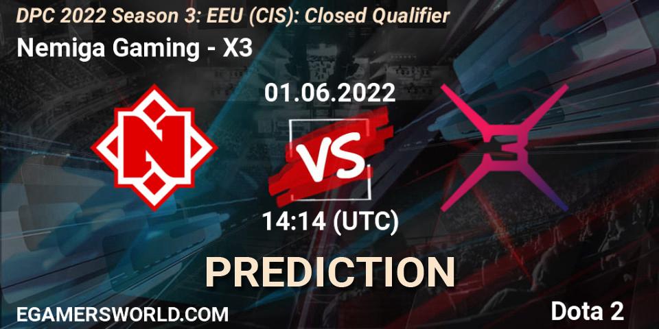 Nemiga Gaming contre X3 : prédiction de match. 01.06.2022 at 14:14. Dota 2, DPC 2022 Season 3: EEU (CIS): Closed Qualifier