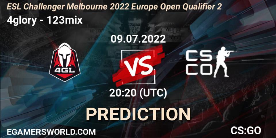 4glory contre 123mix : prédiction de match. 09.07.2022 at 20:20. Counter-Strike (CS2), ESL Challenger Melbourne 2022 Europe Open Qualifier 2