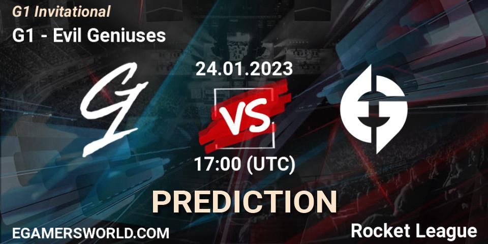G1 contre Evil Geniuses : prédiction de match. 24.01.2023 at 17:00. Rocket League, G1 Invitational