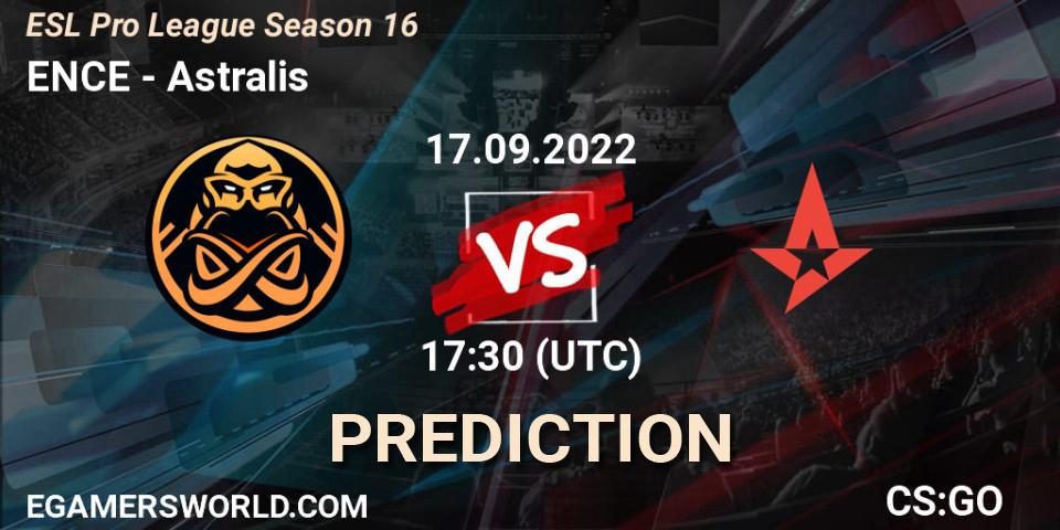 ENCE contre Astralis : prédiction de match. 17.09.2022 at 18:15. Counter-Strike (CS2), ESL Pro League Season 16