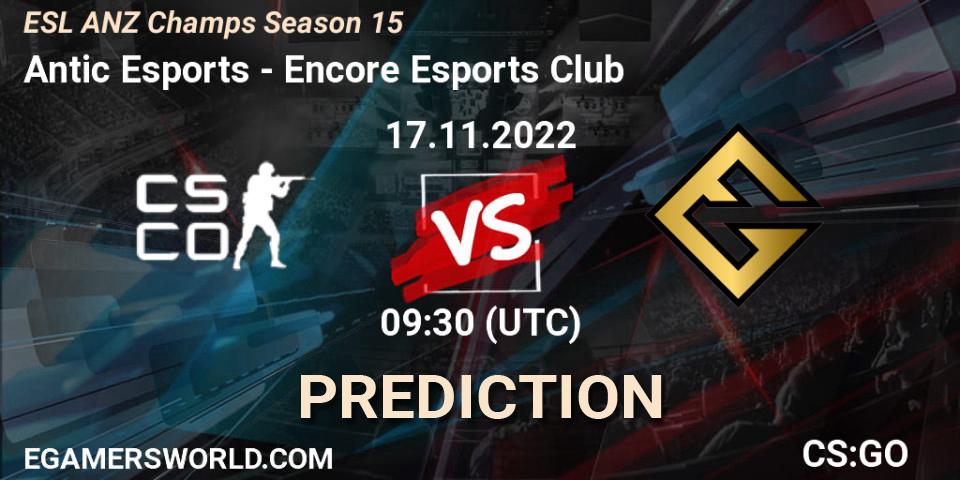 Antic Esports contre Encore Esports Club : prédiction de match. 17.11.2022 at 09:10. Counter-Strike (CS2), ESL ANZ Champs Season 15