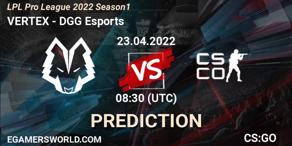 VERTEX contre DGG Esports : prédiction de match. 02.05.2022 at 08:30. Counter-Strike (CS2), LPL Pro League 2022 Season 1