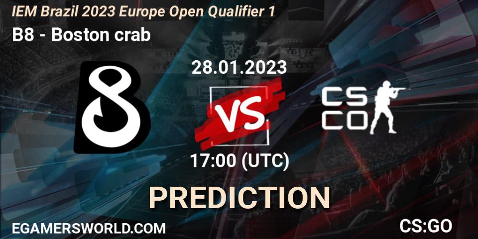B8 contre Boston crab : prédiction de match. 28.01.23. CS2 (CS:GO), IEM Brazil Rio 2023 Europe Open Qualifier 1
