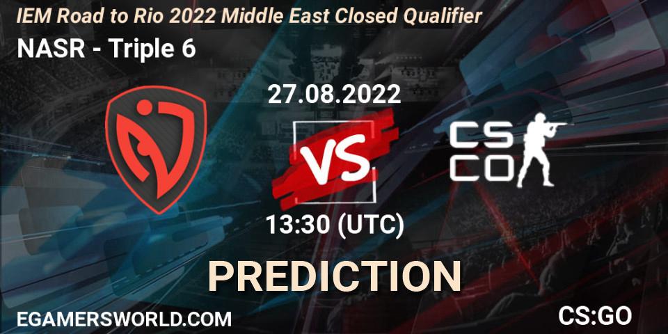 NASR contre Triple 6 : prédiction de match. 27.08.2022 at 13:30. Counter-Strike (CS2), IEM Road to Rio 2022 Middle East Closed Qualifier