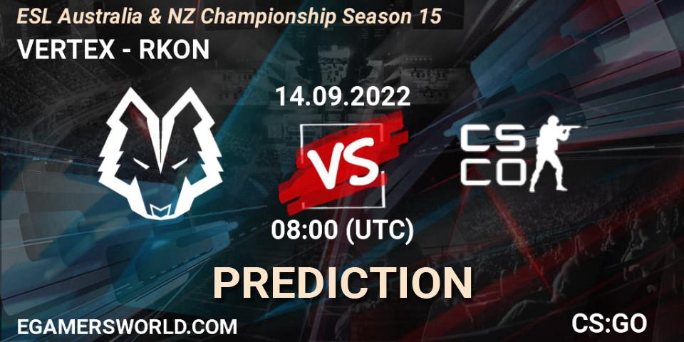 VERTEX contre RKON : prédiction de match. 14.09.2022 at 08:00. Counter-Strike (CS2), ESL ANZ Champs Season 15