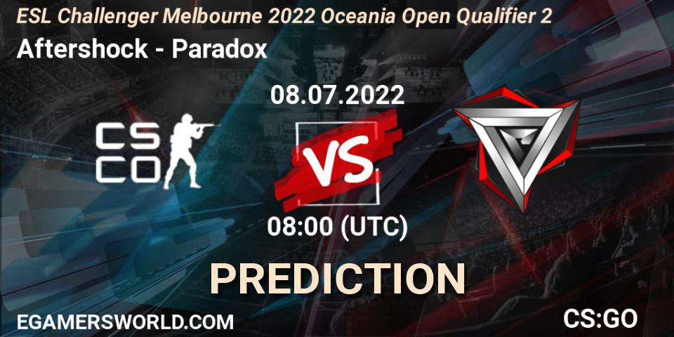 Aftershock contre Paradox : prédiction de match. 08.07.2022 at 08:00. Counter-Strike (CS2), ESL Challenger Melbourne 2022 Oceania Open Qualifier 2