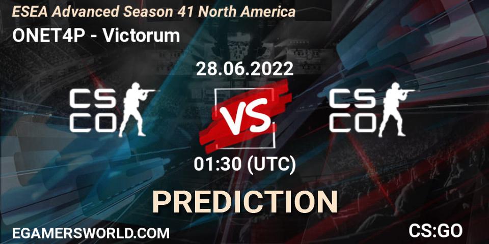 ONET4P contre Victorum : prédiction de match. 28.06.2022 at 00:00. Counter-Strike (CS2), ESEA Advanced Season 41 North America