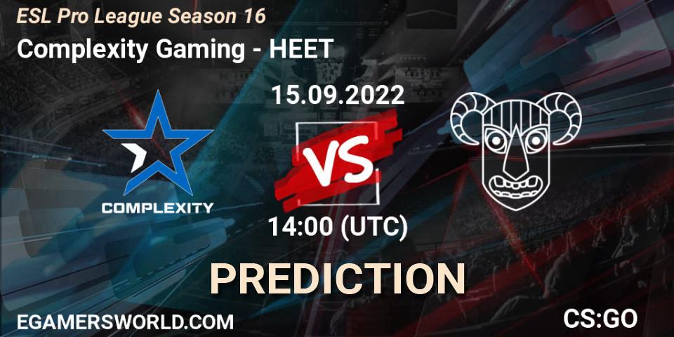 Complexity Gaming contre HEET : prédiction de match. 15.09.2022 at 14:00. Counter-Strike (CS2), ESL Pro League Season 16