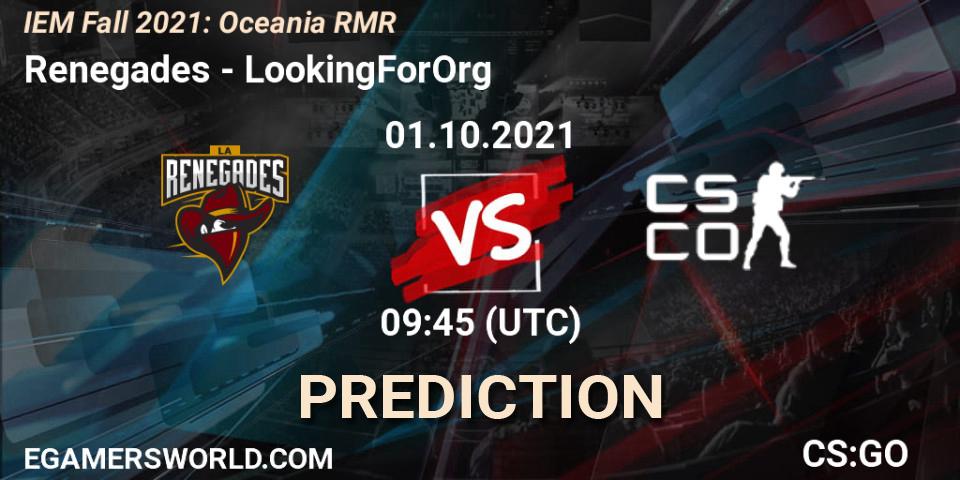 Renegades contre LookingForOrg (ex-Dire Wolves) : prédiction de match. 01.10.2021 at 09:45. Counter-Strike (CS2), IEM Fall 2021: Oceania RMR