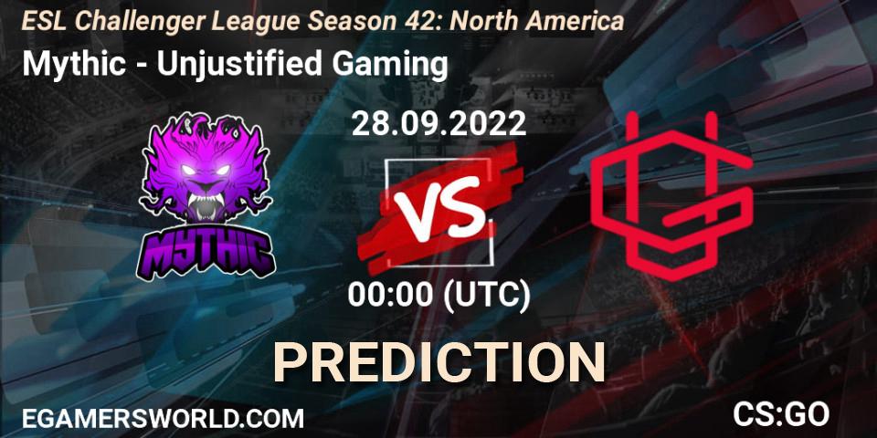 Mythic contre Unjustified Gaming : prédiction de match. 28.09.2022 at 00:00. Counter-Strike (CS2), ESL Challenger League Season 42: North America