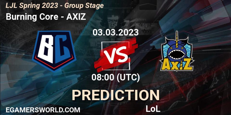 Burning Core contre AXIZ : prédiction de match. 03.03.23. LoL, LJL Spring 2023 - Group Stage