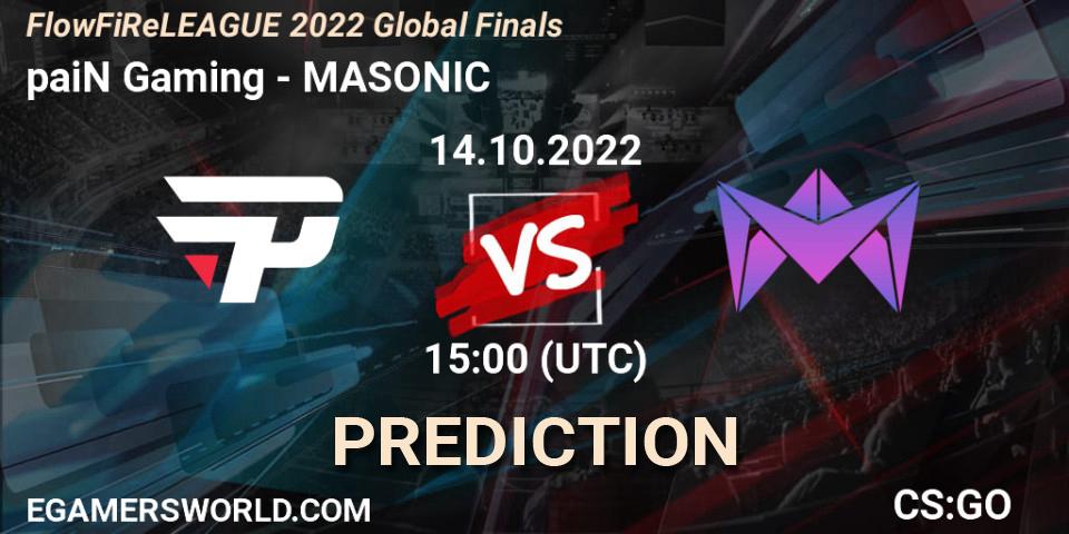 paiN Gaming contre MASONIC : prédiction de match. 14.10.2022 at 15:00. Counter-Strike (CS2), FlowFiReLEAGUE 2022 Global Finals