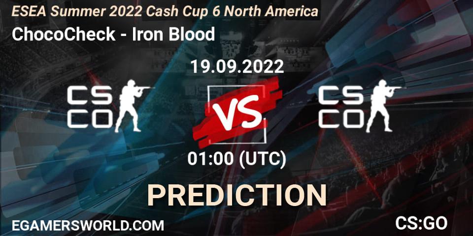 ChocoCheck contre Iron Blood : prédiction de match. 19.09.2022 at 01:00. Counter-Strike (CS2), ESEA Summer 2022 Cash Cup 6 North America