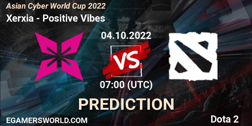 Xerxia contre Positive Vibes : prédiction de match. 04.10.2022 at 07:06. Dota 2, Asian Cyber World Cup 2022