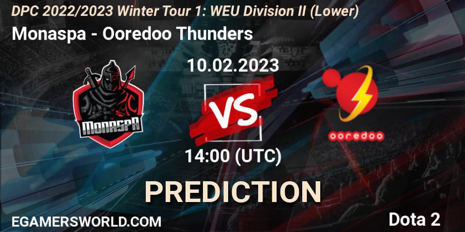 Monaspa contre Ooredoo Thunders : prédiction de match. 10.02.23. Dota 2, DPC 2022/2023 Winter Tour 1: WEU Division II (Lower)