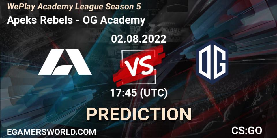 Apeks Rebels contre OG Academy : prédiction de match. 02.08.2022 at 17:20. Counter-Strike (CS2), WePlay Academy League Season 5