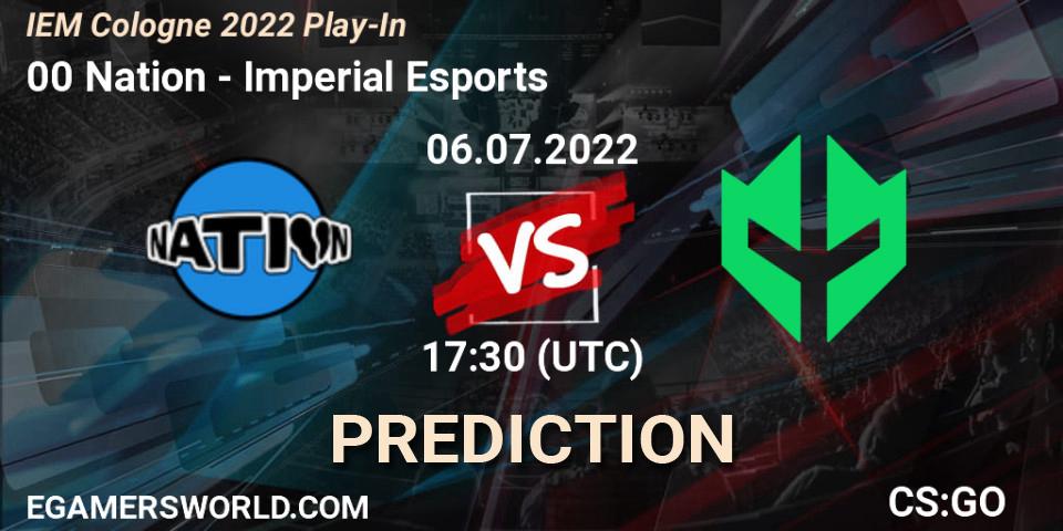 00 Nation contre Imperial Esports : prédiction de match. 06.07.2022 at 18:30. Counter-Strike (CS2), IEM Cologne 2022 Play-In