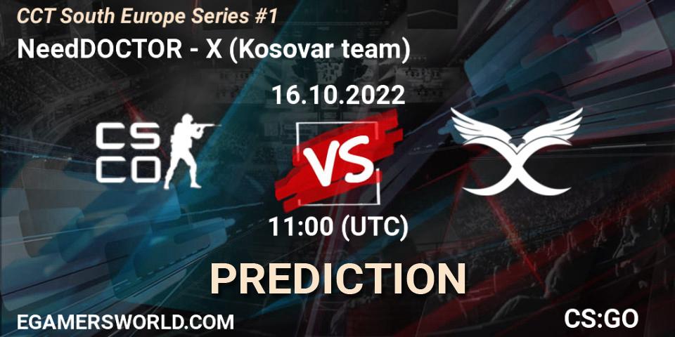 NeedDOCTOR contre X (Kosovar team) : prédiction de match. 16.10.2022 at 11:00. Counter-Strike (CS2), CCT South Europe Series #1