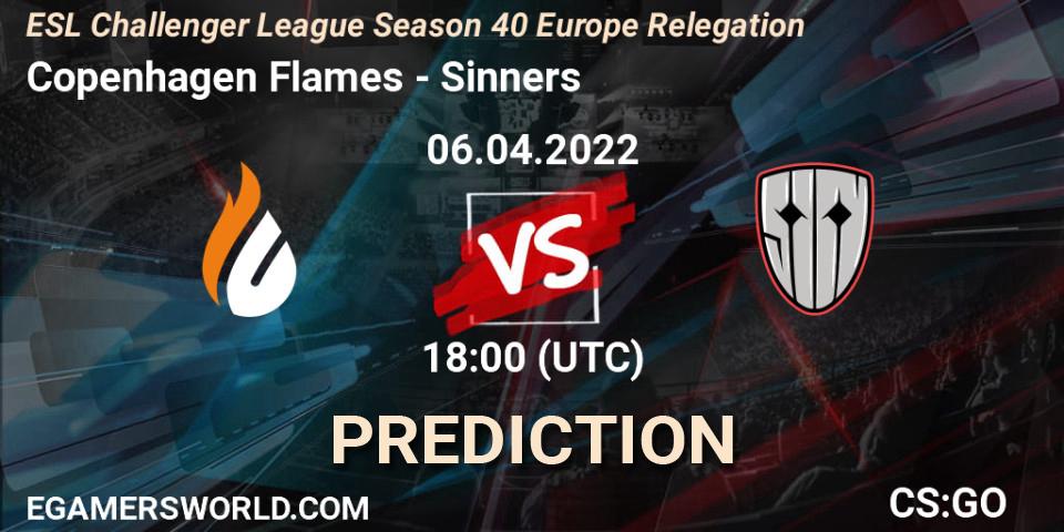 Copenhagen Flames contre Sinners : prédiction de match. 06.04.2022 at 18:00. Counter-Strike (CS2), ESL Challenger League Season 40 Europe Relegation