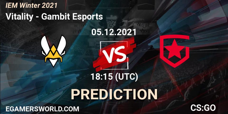 Vitality contre Gambit Esports : prédiction de match. 05.12.2021 at 18:30. Counter-Strike (CS2), IEM Winter 2021