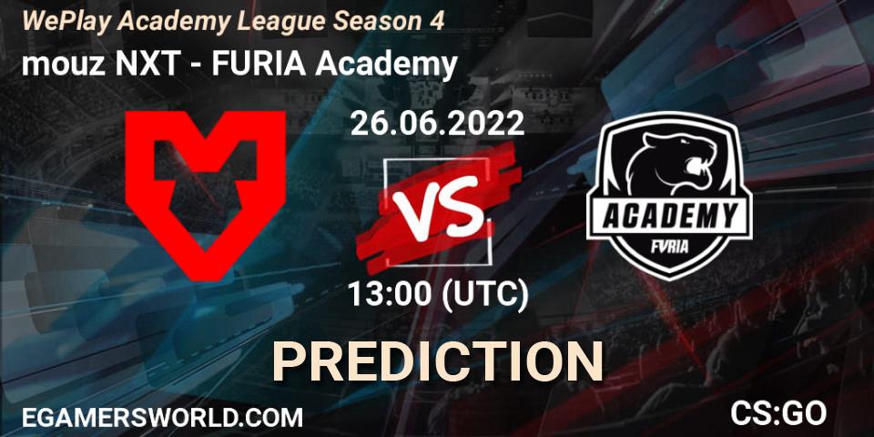 mouz NXT contre FURIA Academy : prédiction de match. 26.06.2022 at 13:00. Counter-Strike (CS2), WePlay Academy League Season 4