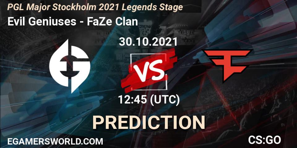 Evil Geniuses contre FaZe Clan : prédiction de match. 30.10.2021 at 09:00. Counter-Strike (CS2), PGL Major Stockholm 2021 Legends Stage