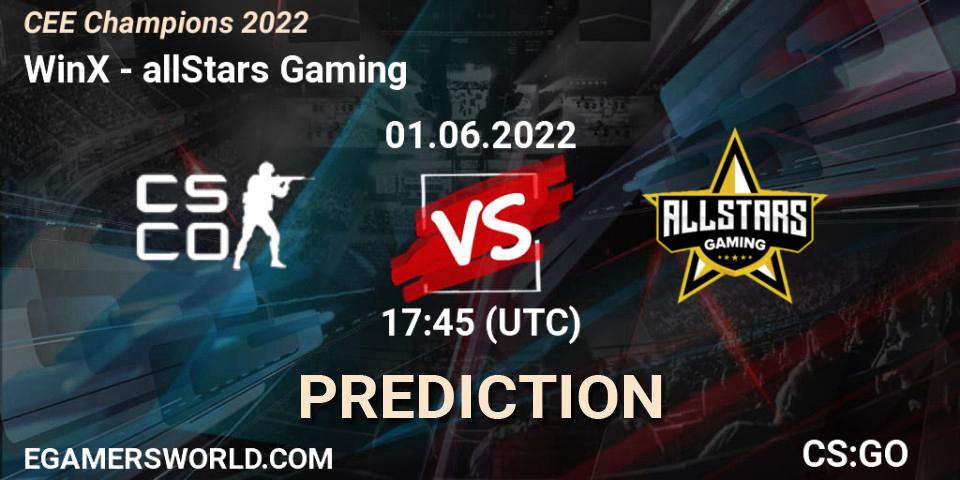 WinX contre allStars Gaming : prédiction de match. 01.06.2022 at 17:45. Counter-Strike (CS2), CEE Champions 2022