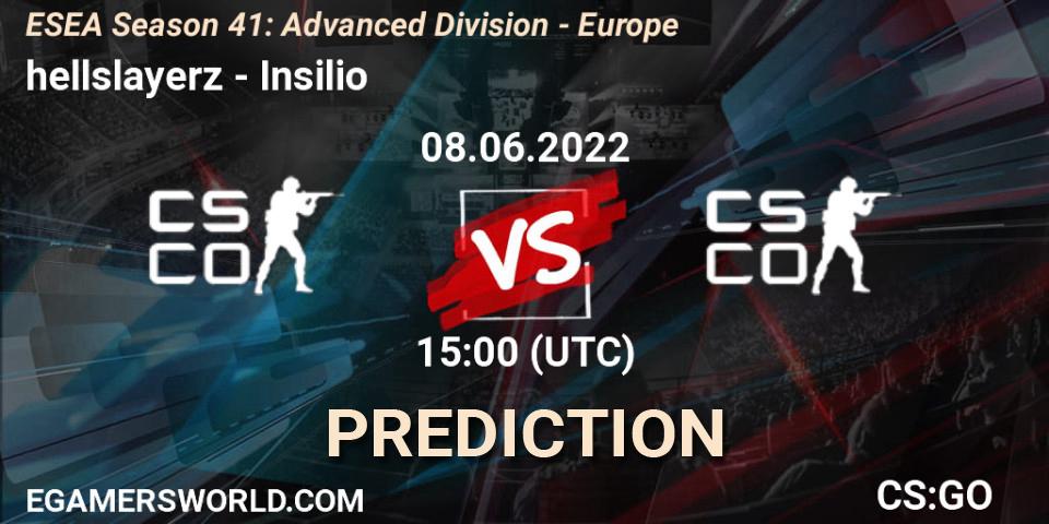hellslayerz contre Insilio : prédiction de match. 08.06.2022 at 15:00. Counter-Strike (CS2), ESEA Season 41: Advanced Division - Europe