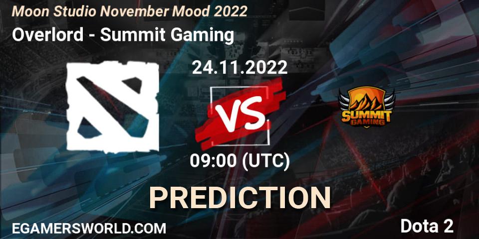 Overlord contre Summit Gaming : prédiction de match. 24.11.2022 at 09:06. Dota 2, Moon Studio November Mood 2022