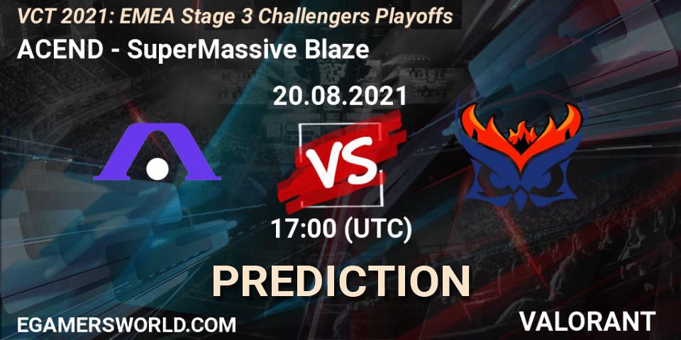 ACEND contre SuperMassive Blaze : prédiction de match. 20.08.2021 at 18:25. VALORANT, VCT 2021: EMEA Stage 3 Challengers Playoffs