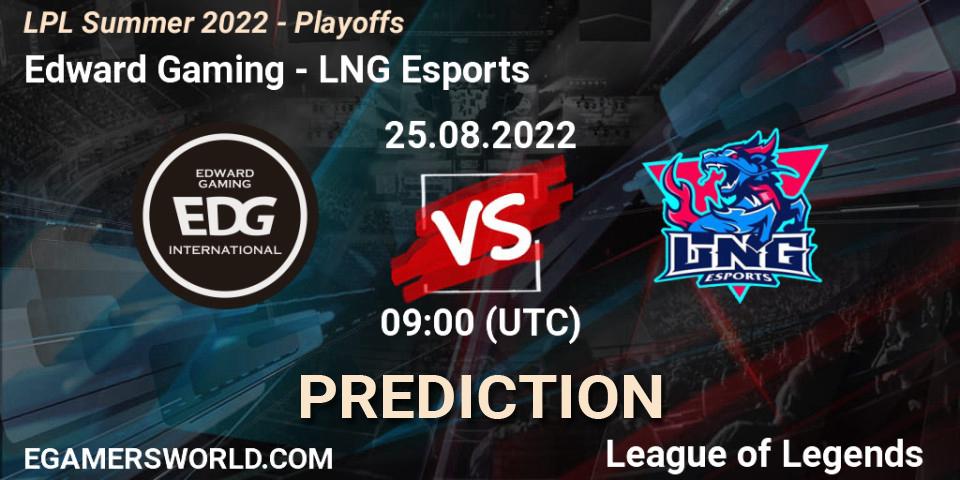 Edward Gaming contre LNG Esports : prédiction de match. 25.08.2022 at 09:00. LoL, LPL Summer 2022 - Playoffs