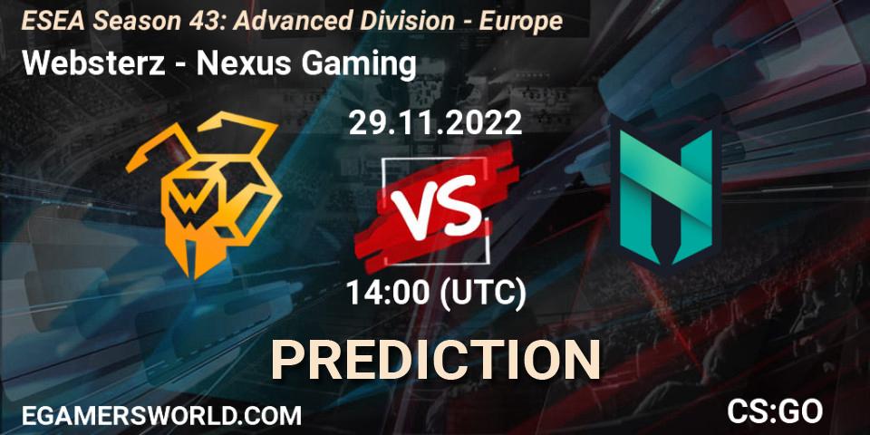 Websterz contre Nexus Gaming : prédiction de match. 29.11.22. CS2 (CS:GO), ESEA Season 43: Advanced Division - Europe