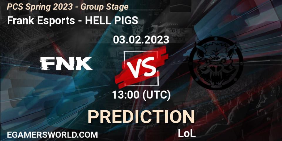 Frank Esports contre HELL PIGS : prédiction de match. 03.02.2023 at 13:40. LoL, PCS Spring 2023 - Group Stage