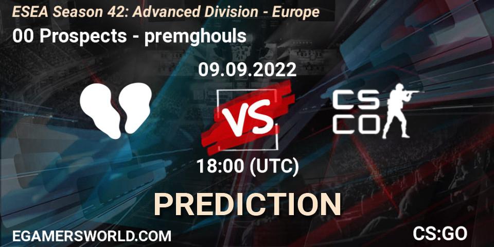 00 Prospects contre premghouls : prédiction de match. 09.09.2022 at 18:00. Counter-Strike (CS2), ESEA Season 42: Advanced Division - Europe