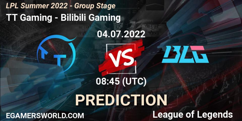 TT Gaming contre Bilibili Gaming : prédiction de match. 04.07.2022 at 09:00. LoL, LPL Summer 2022 - Group Stage