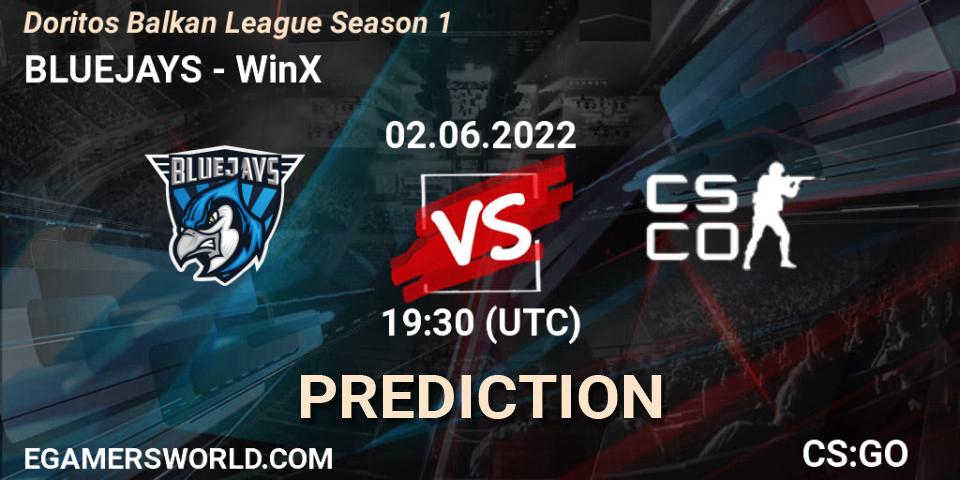 BLUEJAYS contre WinX : prédiction de match. 02.06.2022 at 19:30. Counter-Strike (CS2), Doritos Balkan League Season 1