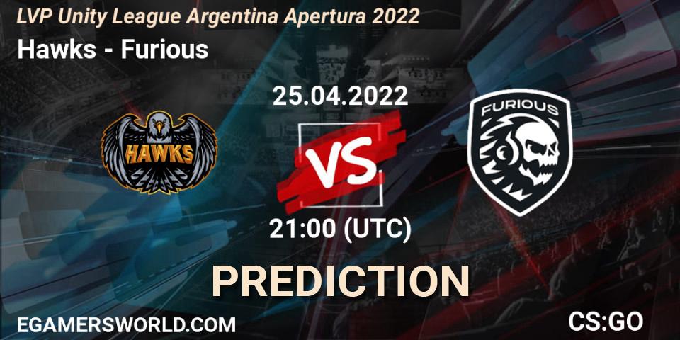 Hawks contre Furious : prédiction de match. 25.04.2022 at 21:00. Counter-Strike (CS2), LVP Unity League Argentina Apertura 2022