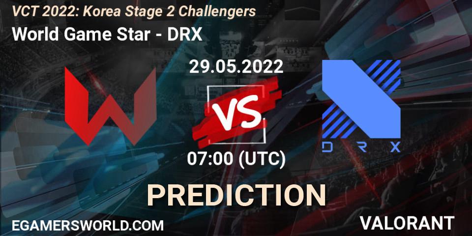 World Game Star contre DRX : prédiction de match. 29.05.2022 at 07:00. VALORANT, VCT 2022: Korea Stage 2 Challengers