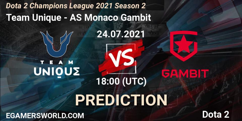 Team Unique contre AS Monaco Gambit : prédiction de match. 24.07.2021 at 18:05. Dota 2, Dota 2 Champions League 2021 Season 2