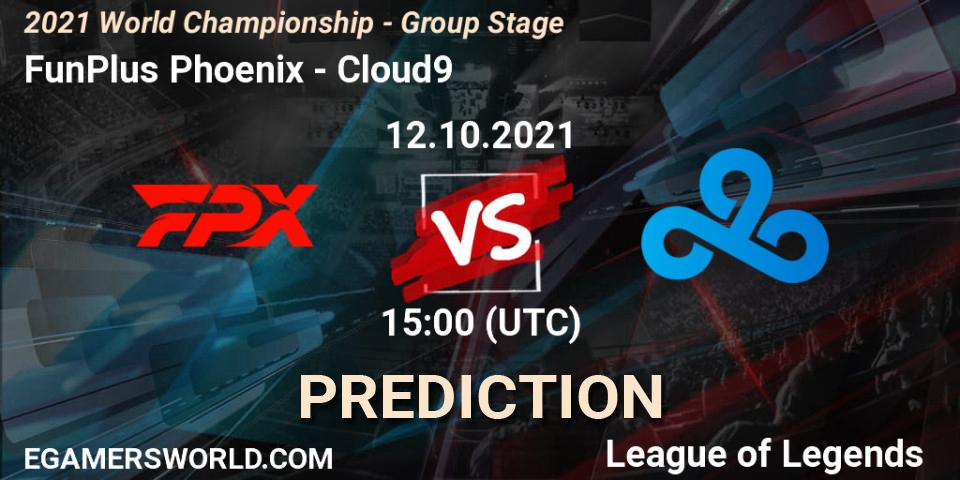 FunPlus Phoenix contre Cloud9 : prédiction de match. 12.10.2021 at 16:00. LoL, 2021 World Championship - Group Stage