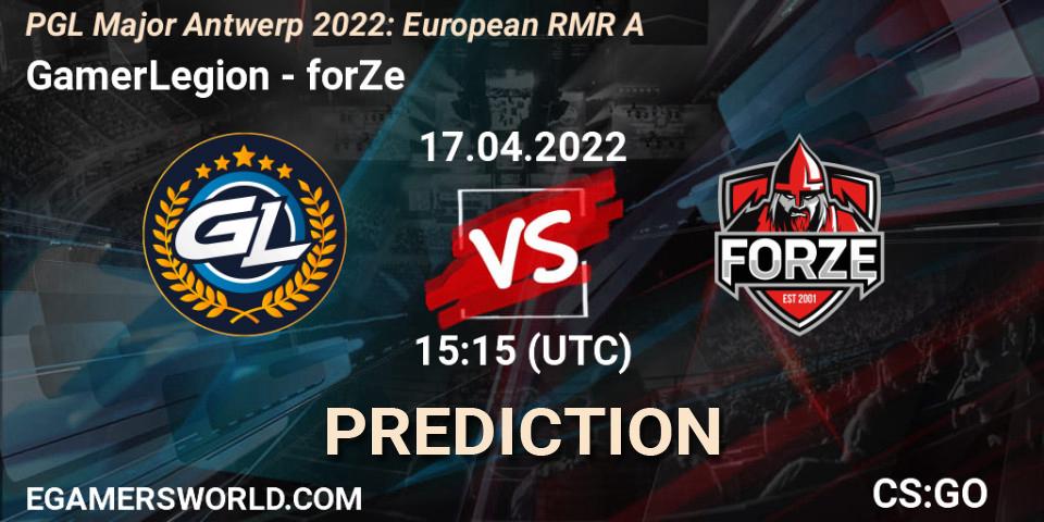 GamerLegion contre forZe : prédiction de match. 17.04.2022 at 16:35. Counter-Strike (CS2), PGL Major Antwerp 2022: European RMR A