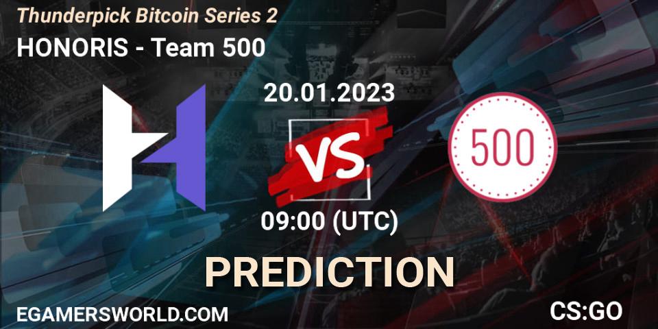 HONORIS contre Team 500 : prédiction de match. 20.01.2023 at 09:00. Counter-Strike (CS2), Thunderpick Bitcoin Series 2